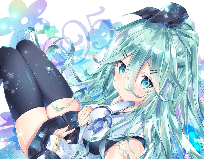 bangs black_legwear black_ribbon black_serafuku black_skirt blue_neckwear closed_mouth comiket commentary_request detached_sleeves flower green_eyes green_hair hair_between_eyes hair_flaps hair_ornament hair_ribbon hairclip kantai_collection kurun_(kurun777) long_hair long_sleeves looking_at_viewer neckerchief parted_bangs pleated_skirt ponytail ribbon school_uniform serafuku skirt solo thighhighs yamakaze_(kantai_collection) zettai_ryouiki