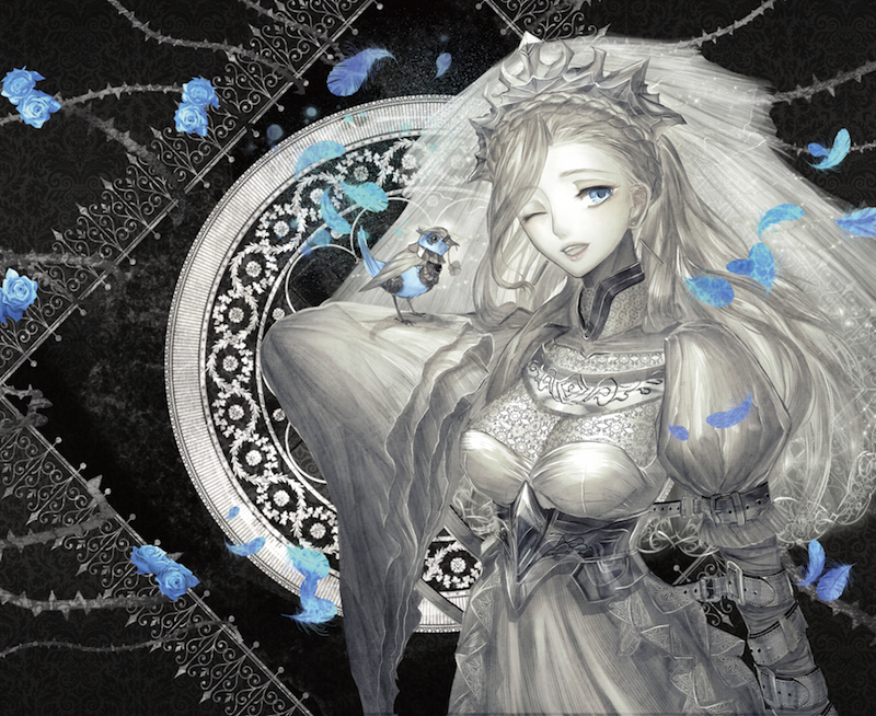 ;) arm_belt bird black_background blue_eyes blue_feathers blue_flower bluebird braid breasts cleavage commentary_request copyright_request crown crown_braid dress fantasy flower grey long_hair long_sleeves looking_at_viewer medium_breasts official_art one_eye_closed open_mouth pale_skin puffy_long_sleeves puffy_sleeves reishiza smile standing under_power_motors upper_body veil white_dress wide_sleeves