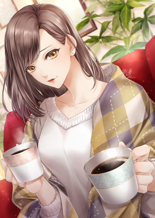 blanket breasts brown_eyes brown_hair coffee couch cup dutch_angle earrings indoors jewelry large_breasts long_hair looking_at_viewer md5_mismatch mimitz mug on_couch original plant potted_plant sitting steam stud_earrings sweater upper_body