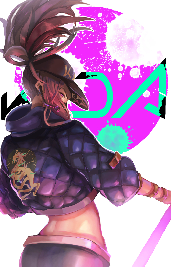 akali ass baseball_cap bracelet commentary_request cropped_jacket face_mask flat_ass from_behind hat headset high_ponytail hood hooded_jacket idol jacket jewelry k/da_(league_of_legends) k/da_akali league_of_legends long_hair looking_at_viewer looking_back mask microphone midriff mizurapi pink_eyes pink_hair solo