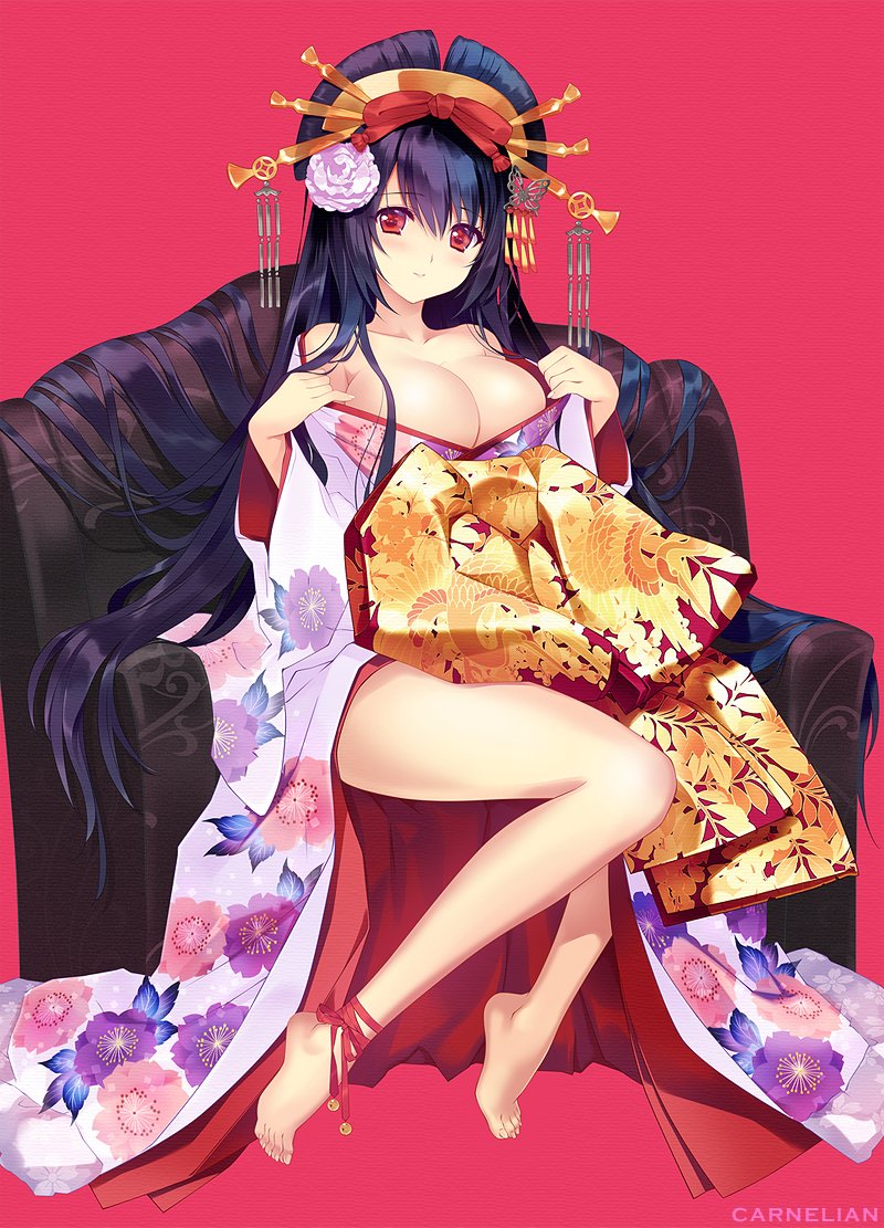 alternate_costume ankle_ribbon artist_name bare_legs barefoot bell black_hair breasts carnelian cleavage commentary_request couch feet floral_print fusou_(kantai_collection) headdress japanese_clothes jingle_bell kantai_collection kimono long_hair off_shoulder oiran red_eyes ribbon sitting smile solo very_long_hair