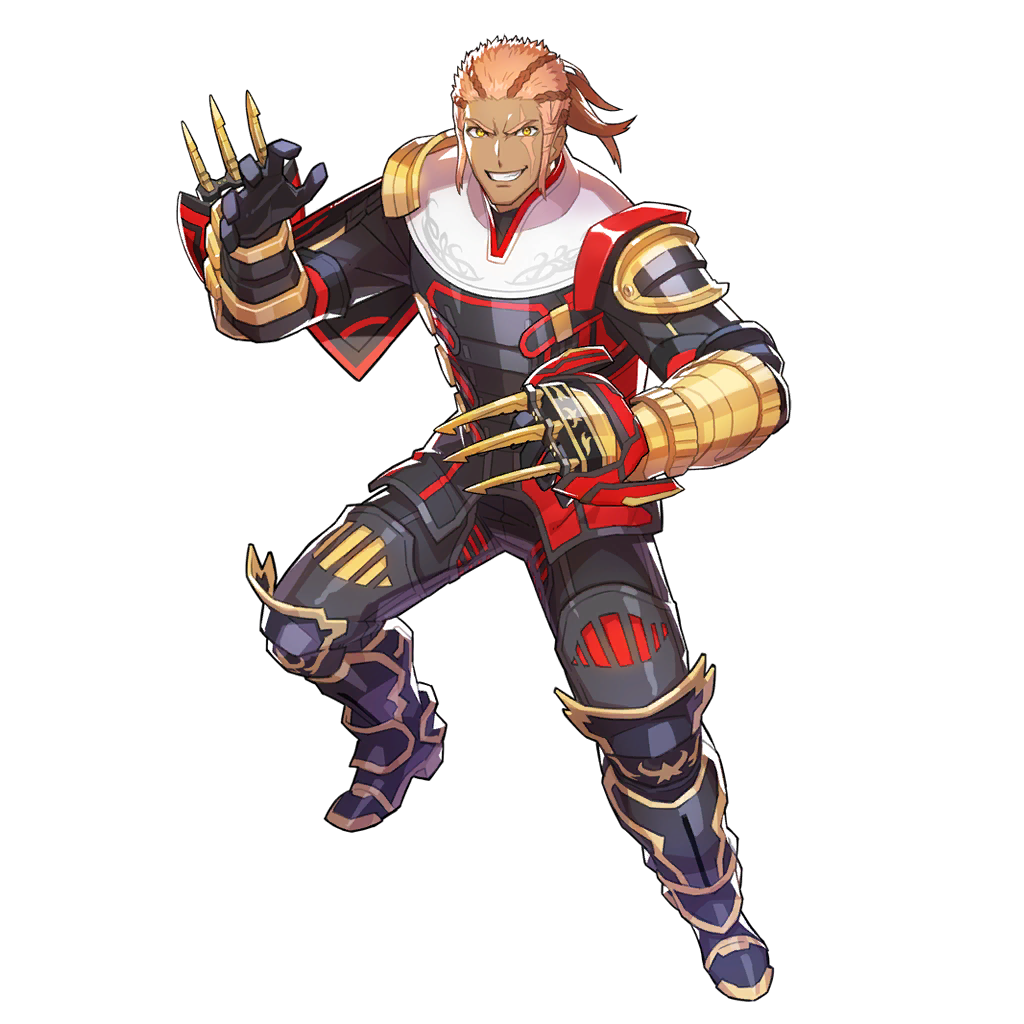 armor armored_boots boots claw_(weapon) gloves gunter_(star_ocean) japanese_armor low_ponytail male_focus official_art pink_hair scar solo star_ocean star_ocean_anamnesis star_ocean_integrity_and_faithlessness teeth transparent_background weapon yellow_eyes