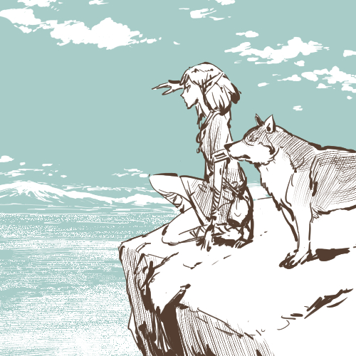 cliff cloud cloudy_sky commentary_request crosshatching day elf from_side hand_up horizon limited_palette looking_afar lowres medium_hair nature original outdoors pointy_ears profile shading_eyes short_sleeves sky squatting