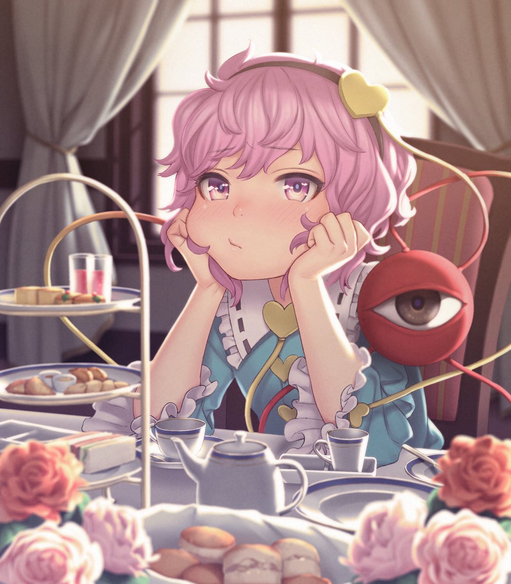 :/ biscuit blush chin_rest collar commentary cup curtains eyebrows_visible_through_hair flower food frilled_collar frilled_sleeves frills hairband hands_on_own_cheeks hands_on_own_face head_rest heart highres indoors komeiji_satori long_sleeves looking_at_viewer nose nose_blush pink_eyes pink_flower pink_hair pink_rose pout red_flower red_rose rose sho_shima short_hair sitting solo table tea_set teacup tiered_tray touhou white_flower white_rose wide_sleeves window