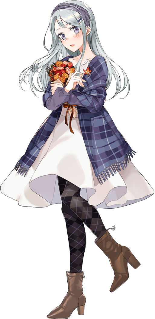 argyle argyle_legwear asymmetrical_bangs bangs blue_bow blue_hairband boots bow dress drew_(drew213g) flower full_body grey_hair hairband jacket kantai_collection kneehighs long_hair official_art open_mouth pantyhose purple_eyes sagiri_(kantai_collection) silver_hair socks swept_bangs tareme transparent_background