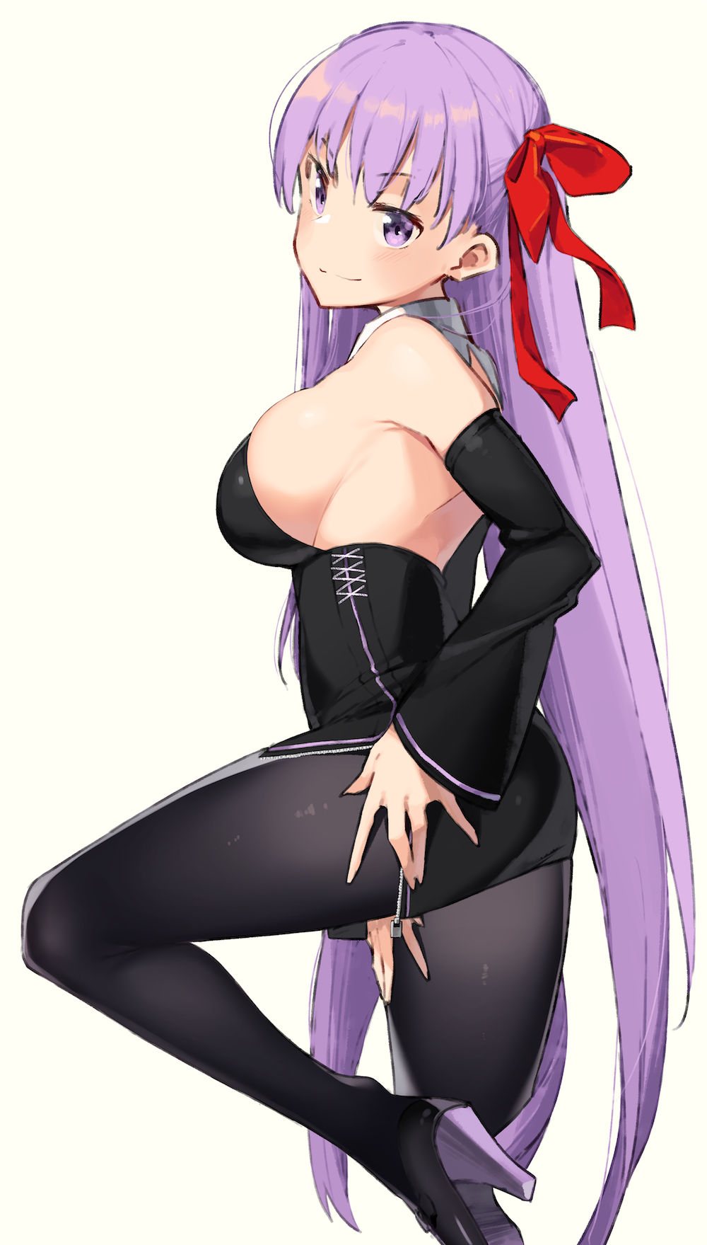 armpits bangs bare_shoulders bb_(fate)_(all) bb_(fate/extra_ccc) black_legwear blush breasts closed_mouth commentary_request corset cowboy_shot detached_sleeves eyebrows_visible_through_hair fate/extra fate/extra_ccc fate_(series) from_side hair_ribbon head_tilt high_heels highres kei_(soundcross) large_breasts leg_up long_hair long_sleeves looking_at_viewer off_shoulder pantyhose purple_eyes purple_hair red_ribbon ribbon simple_background skindentation smile solo standing standing_on_one_leg very_long_hair white_background wide_sleeves