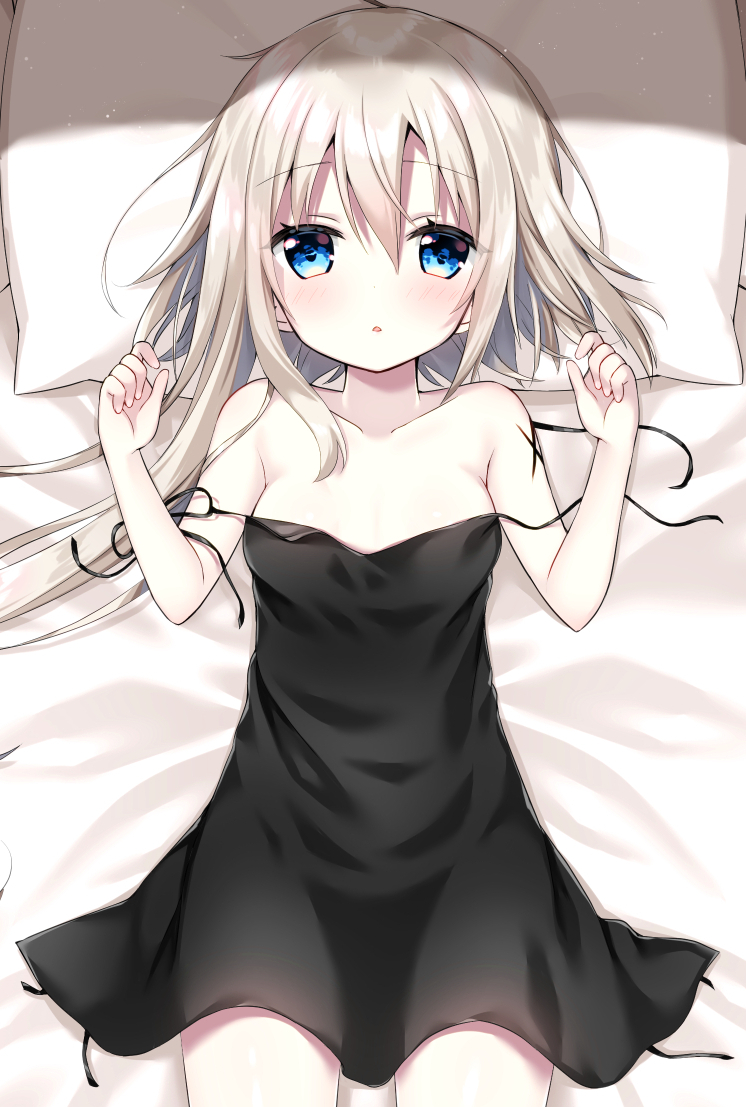 asymmetrical_hair bangs bed_sheet black_dress blonde_hair blue_eyes blush breasts collarbone commentary_request dress eyebrows_visible_through_hair fingernails hair_between_eyes hands_up long_hair looking_at_viewer lying on_back original parted_lips pillow sidelocks sleeveless sleeveless_dress small_breasts solo strap_slip tia-chan uchuuneko very_long_hair