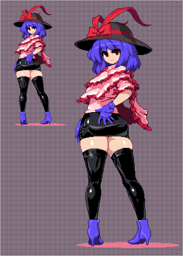 :&gt; bangs black_hat black_legwear black_skirt blue_footwear blue_gloves blue_hair bow checkered checkered_background commentary_request frills from_behind full_body gloves hat hat_bow high_heels looking_at_viewer miniskirt nagae_iku pencil_skirt pink_shirt pixel_art red_bow red_eyes shiny shiny_clothes shirt shoes skirt standing takorin thighhighs thighs touhou