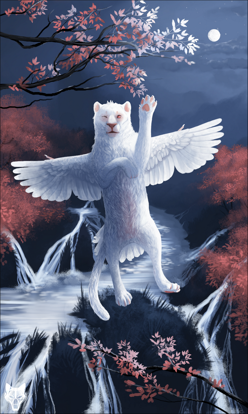 2015 detailed_background digital_media_(artwork) feathered_wings feathers feline feral fur hybrid mammal moon night oneminutesketch outside paws red_eyes sky solo white_fur wings