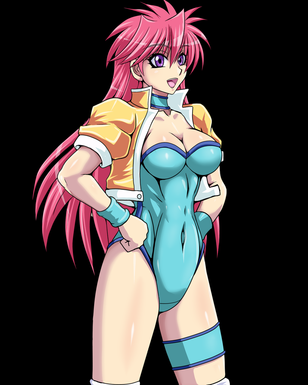 black_background blue_leotard breasts choker cleavage eyebrows_visible_through_hair hair_between_eyes hands_on_hips highres jacket leotard long_hair medium_breasts mighty_yukiko open_mouth pink_hair purple_eyes short_sleeves simple_background smile solo standing taroimo_(00120014) wrestle_angels wrestle_angels_survivor wrestling_outfit wristband yellow_jacket