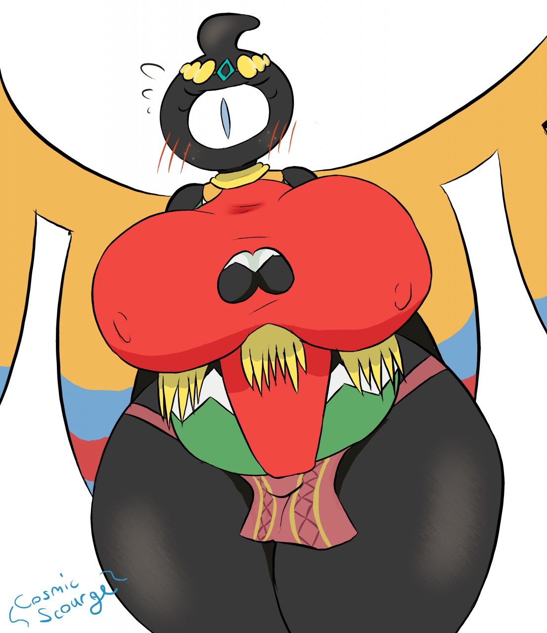 2018 anthro belly big_breasts big_thighs blush breasts clothed clothing cosmicscourge embarrassed fan_character female freckles monoeye nintendo nipple_bulge not_furry overweight overweight_female partially_clothed pok&eacute;mon pok&eacute;mon_(species) sigilyph simple_background slightly_chubby thick_thighs video_games voluptuous wide_hips wings