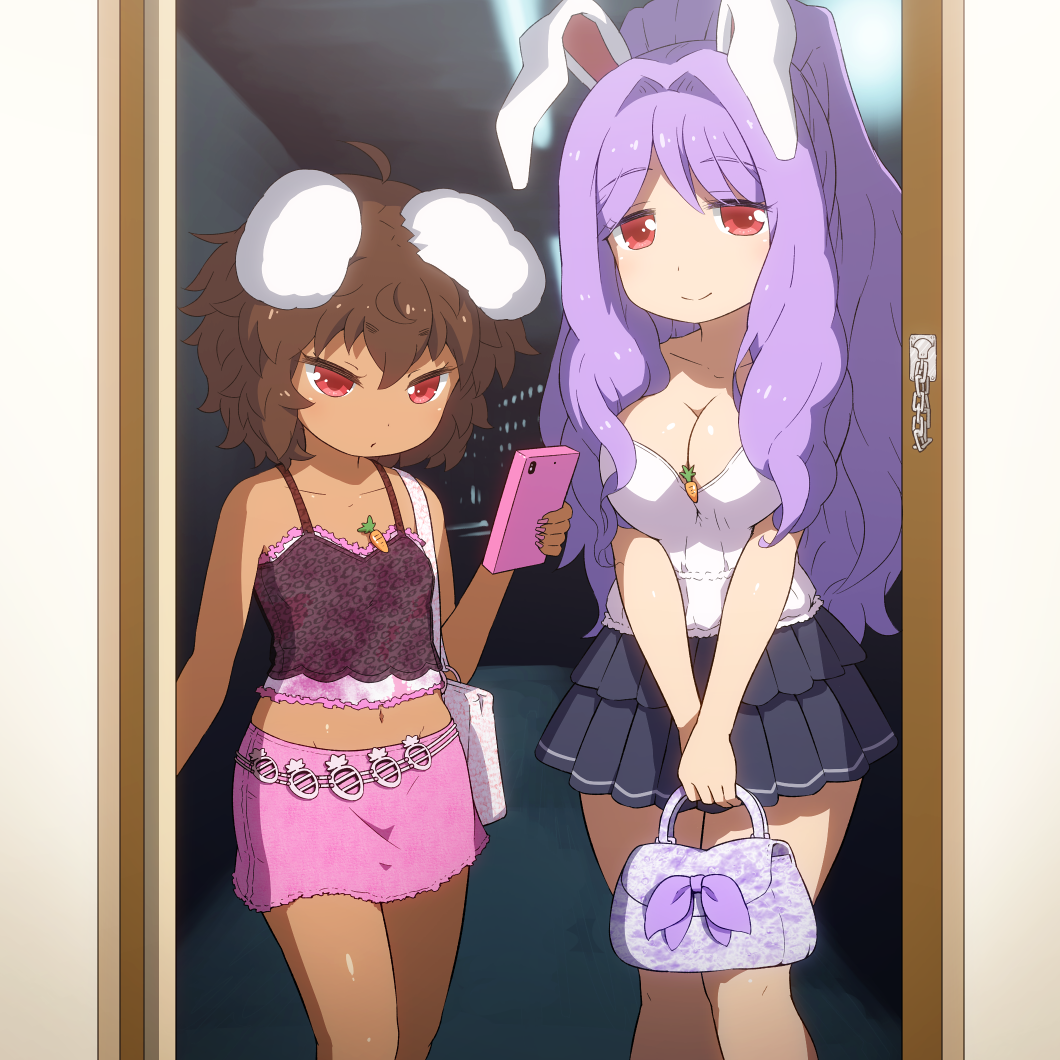 ahoge alternate_costume alternate_hairstyle animal_ears bag bangs bare_arms bare_shoulders black_skirt bow breasts brown_hair bunny_ears camisole carrot casual cellphone cleavage collarbone commentary_request contemporary crop_top door eyebrows_visible_through_hair feet_out_of_frame hair_between_eyes hair_intakes holding holding_bag holding_phone implied_prostitution inaba_tewi large_breasts long_hair looking_at_viewer messy_hair midriff miniskirt multiple_girls nail_polish navel night open_door phone pink_nails pink_skirt pleated_skirt purple_bow purple_hair red_eyes reisen_udongein_inaba shirosato short_hair skirt small_breasts smartphone smile spaghetti_strap standing stomach tan thighs touhou very_long_hair