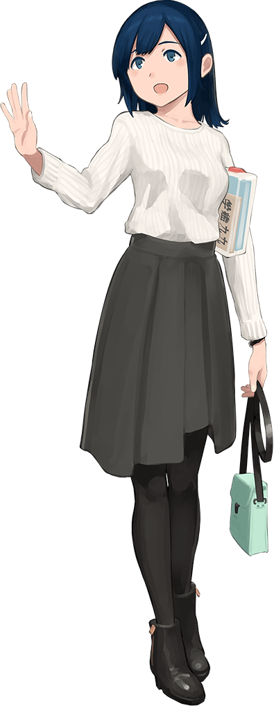 alternate_costume alternate_hairstyle black_legwear black_skirt carrying_under_arm full_body hair_down hand_up kantai_collection long_sleeves medium_hair official_art open_mouth pantyhose shibafu_(glock23) skirt solo souryuu_(kantai_collection) transparent_background