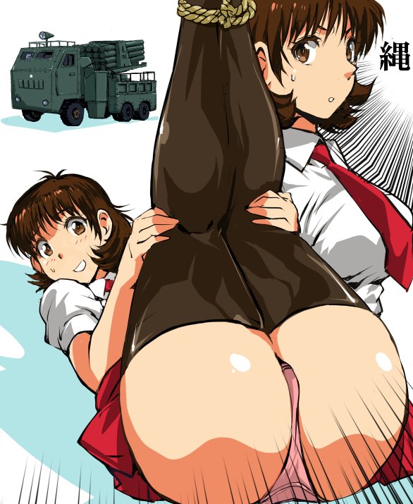 ass bangs bound_ankles brown_eyes brown_hair brown_legwear commentary_request crotch_seam eyebrows_visible_through_hair kneepits legs_together legs_up looking_at_viewer lying military military_vehicle multiple_views on_back original panties pink_panties pleated_skirt presenting red_neckwear red_skirt shirt short_sleeves skirt thighhighs underwear uniform white_shirt yuya