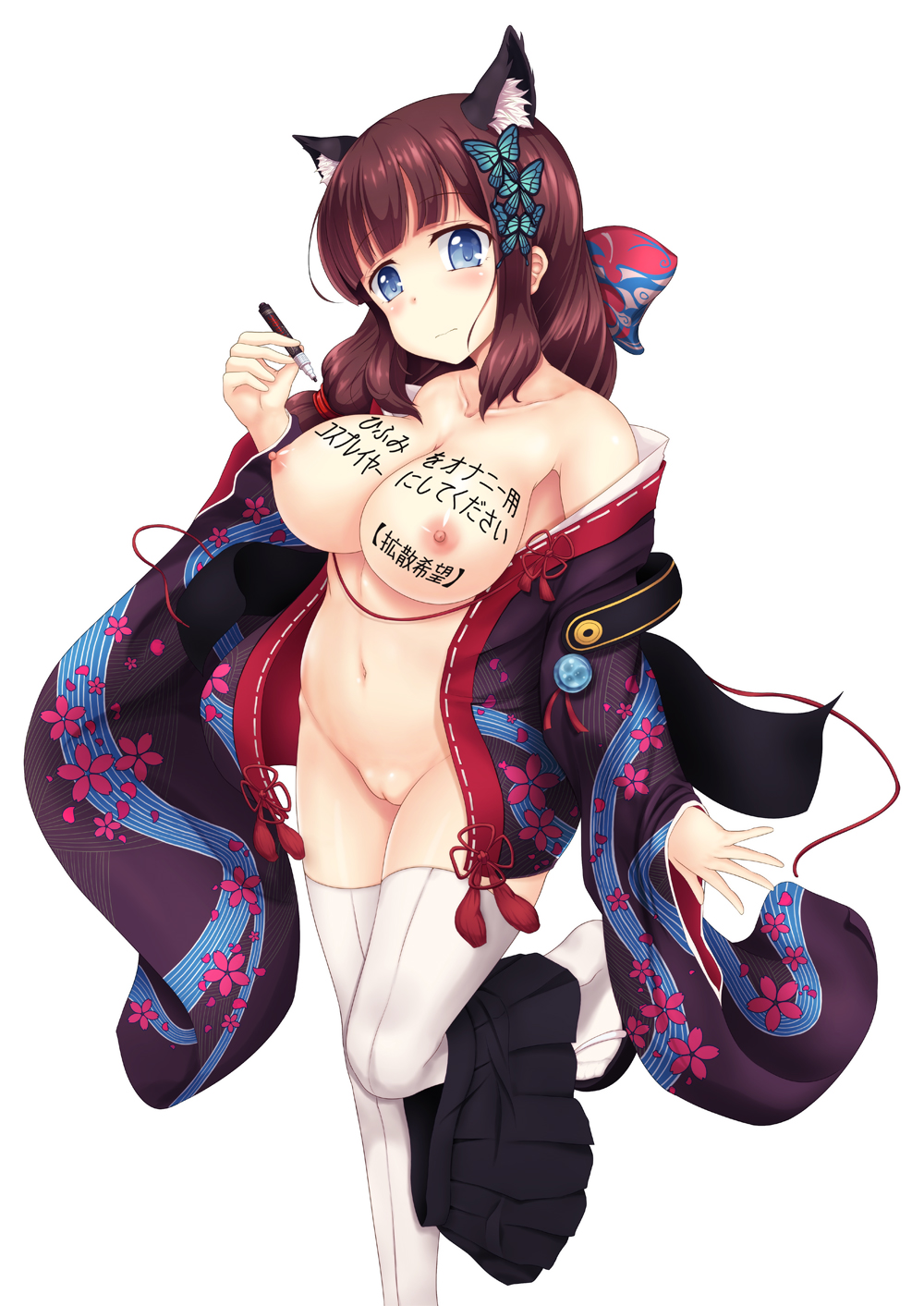 blue_eyes blush body_writing breasts brown_hair bug butterfly cat_ears cleavage collarbone commentary_request cosplay fusou_(azur_lane) highres insect japanese_clothes kimono kishimen large_breasts midriff new_game! pussy skirt takimoto_hifumi thighhighs undressing white_background