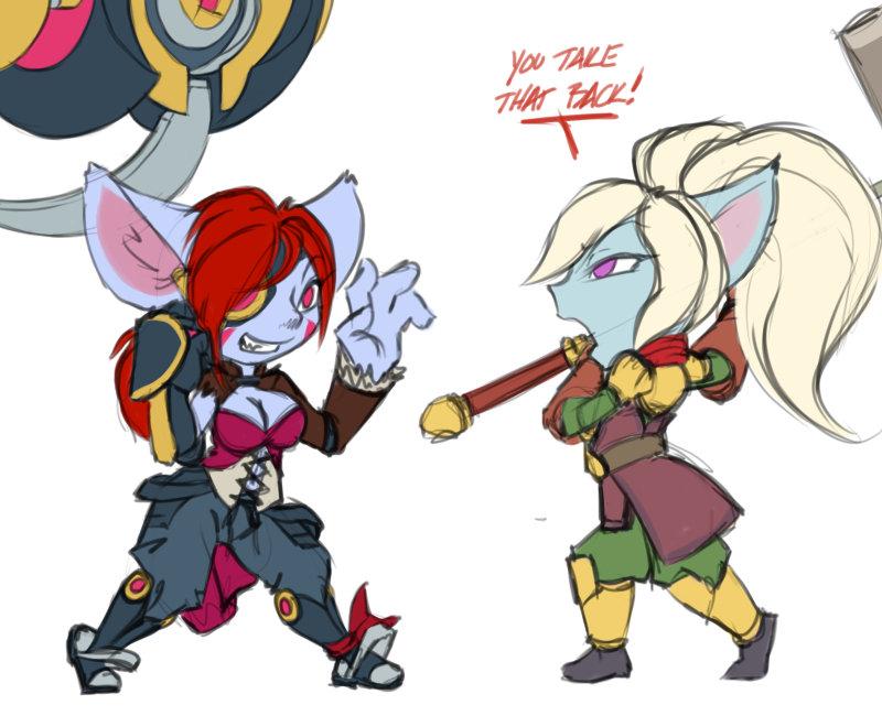 2018 blonde_hair breasts cleavage clothed clothing corset cybernetics cyborg dialogue duo female furball grin hair hammer holding_object holding_weapon jacket league_of_legends lingerie machine pants pigtails ponytail poppy_(lol) purple_eyes red_hair riot_games shirt simple_background smile tools video_games weapon wyla_(furball) yordle
