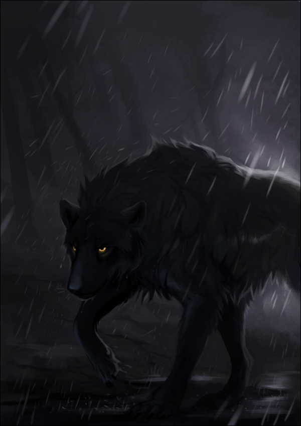 2018 ambiguous_gender black_nose canine digital_media_(artwork) feral mammal oneminutesketch paws raining solo standing wolf yellow_eyes