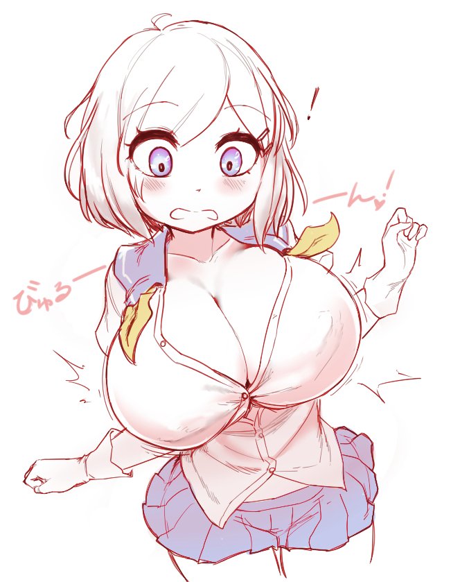 blouse blue_eyes blush bouncing_breasts breast_expansion breasts bursting_breasts burunpuku cleavage eyes_visible_through_hair gloves hair_ornament hair_over_one_eye hairclip hamakaze_(kantai_collection) huge_breasts kantai_collection open_mouth pleated_skirt school_uniform serafuku short_hair simple_background skirt solo sound_effects surprised thigh_gap white_background white_gloves white_hair