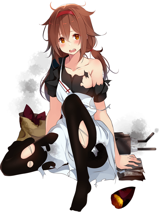 alternate_costume apron black_legwear breasts brown_eyes brown_hair collarbone full_body hair_flaps hairband kantai_collection kujou_ichiso long_skirt medium_breasts official_art open_mouth potato red_hairband remodel_(kantai_collection) shiratsuyu_(kantai_collection) short_hair skirt smoke torn_clothes transparent_background turret twintails