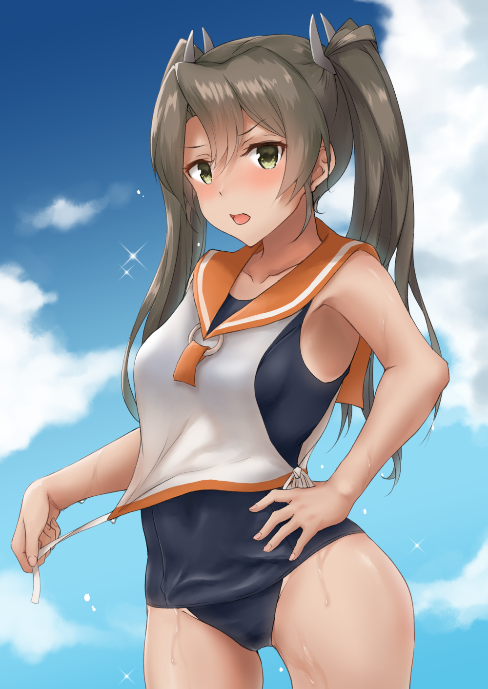 alternate_costume blue_sky blush breasts closed_mouth cloud commentary_request day green_eyes green_hair hair_between_eyes highres i-400_(kantai_collection) k_jie kantai_collection long_hair looking_at_viewer one-piece_swimsuit open_mouth orange_sailor_collar sailor_collar school_swimsuit shirt sky sleeveless sleeveless_shirt small_breasts swimsuit twintails zuikaku_(kantai_collection)