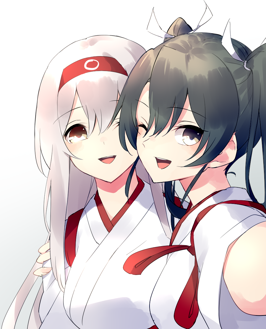 blush breasts commentary_request eyebrows_visible_through_hair gradient gradient_background green_eyes grey_hair hair_between_eyes hairband japanese_clothes kantai_collection kimono large_breasts long_hair looking_at_viewer multiple_girls one_eye_closed open_mouth red_eyes shoukaku_(kantai_collection) sutaa_dasuto-kun twintails white_hair white_kimono zuikaku_(kantai_collection)