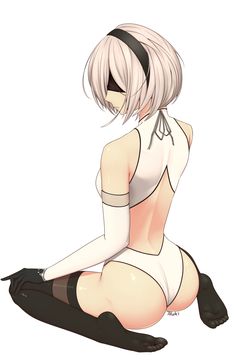 artist_name ass back black_blindfold black_hairband black_legwear blindfold closed_mouth covered_eyes gloves hairband highres looking_back nier_(series) nier_automata ryu_seung short_hair solo white_background white_hair yorha_no._2_type_b
