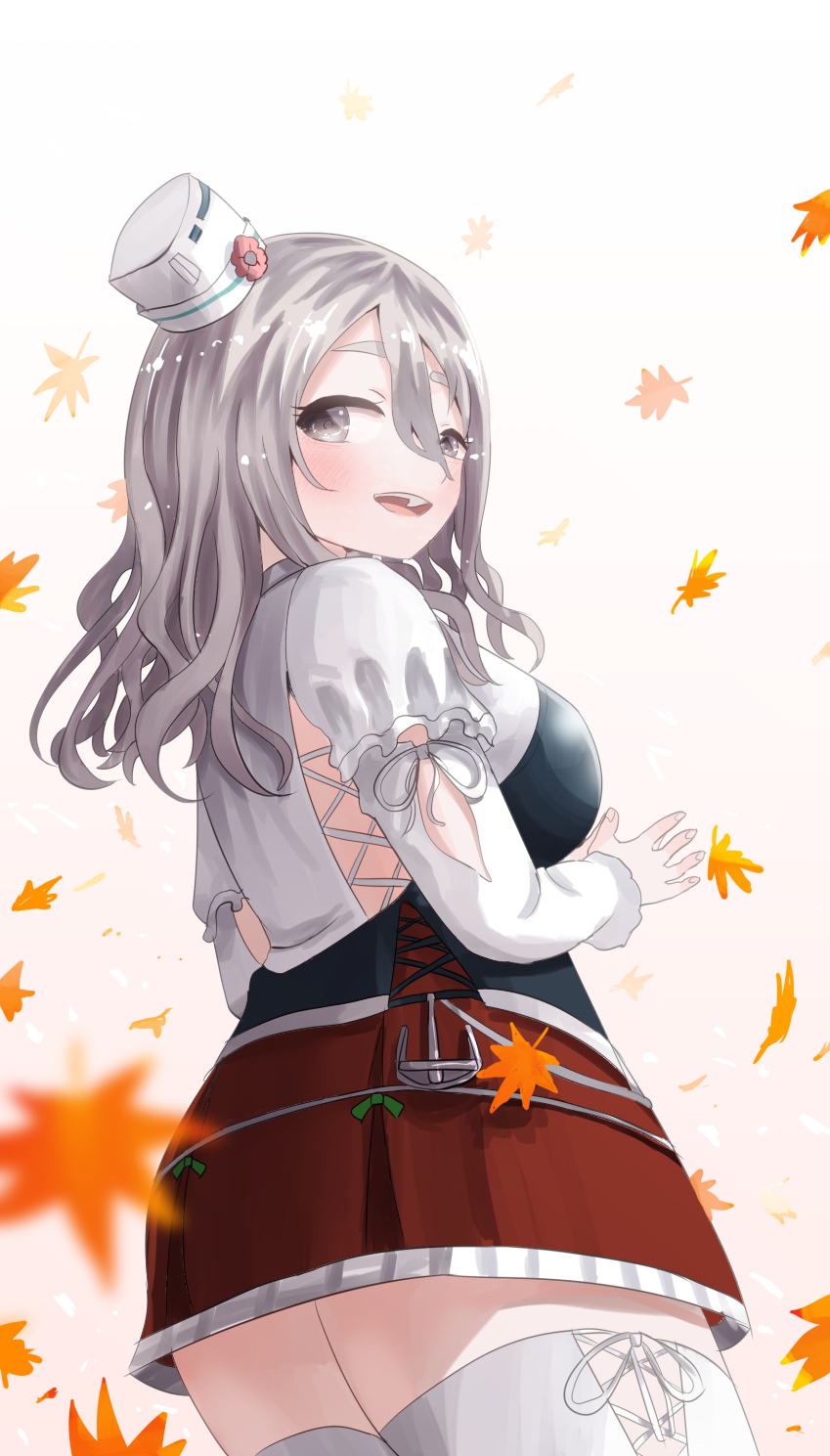 anchor ass autumn_leaves back bow bowtie breasts brown_eyes commentary_request corset drunk fingers_together grey_hair hair_between_eyes hat highres kantai_collection leaf light_brown_hair long_hair looking_at_viewer looking_back medium_breasts mini_hat miniskirt ole_(ryutarougiganto) pola_(kantai_collection) red_skirt shirt simple_background skirt solo thick_eyebrows thighhighs tilted_headwear wavy_hair white_background white_legwear white_shirt