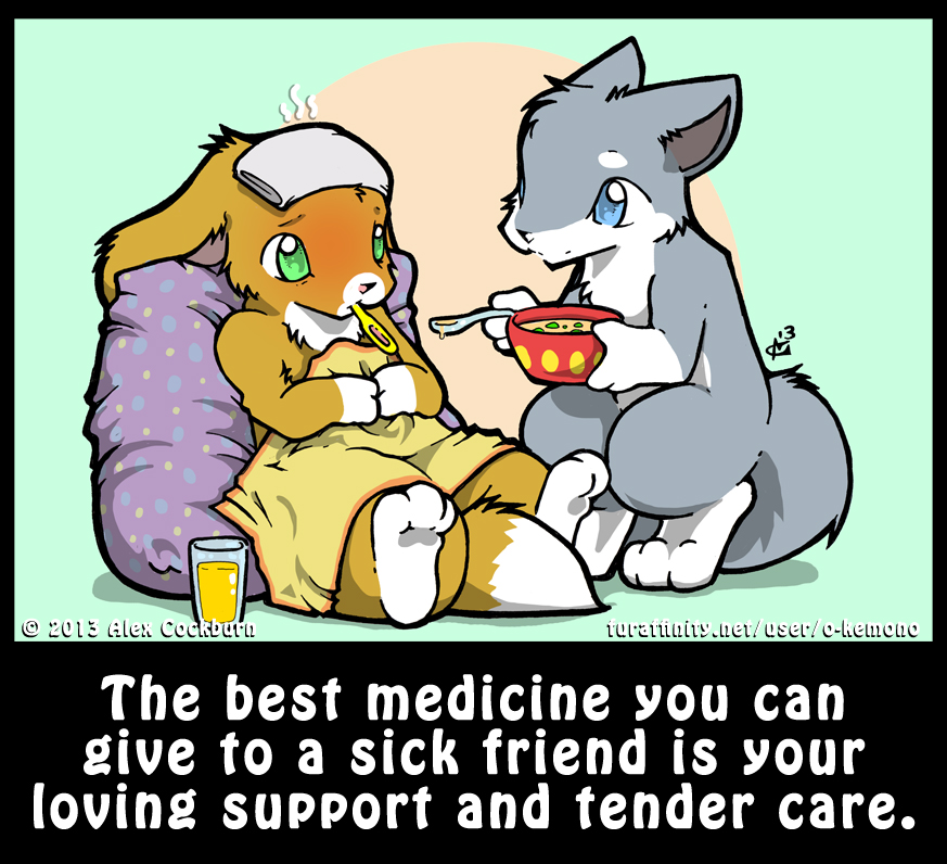 2013 ambiguous_gender anthro bedding beverage blanket blue_eyes blush bowl brown_fur canine chibi duo english_text fennec fox fur glass green_eyes grey_fur ill kemono mammal nude o-kemono orange_juice pillow soup spoon story story_in_description text thermometer white_fur wolf