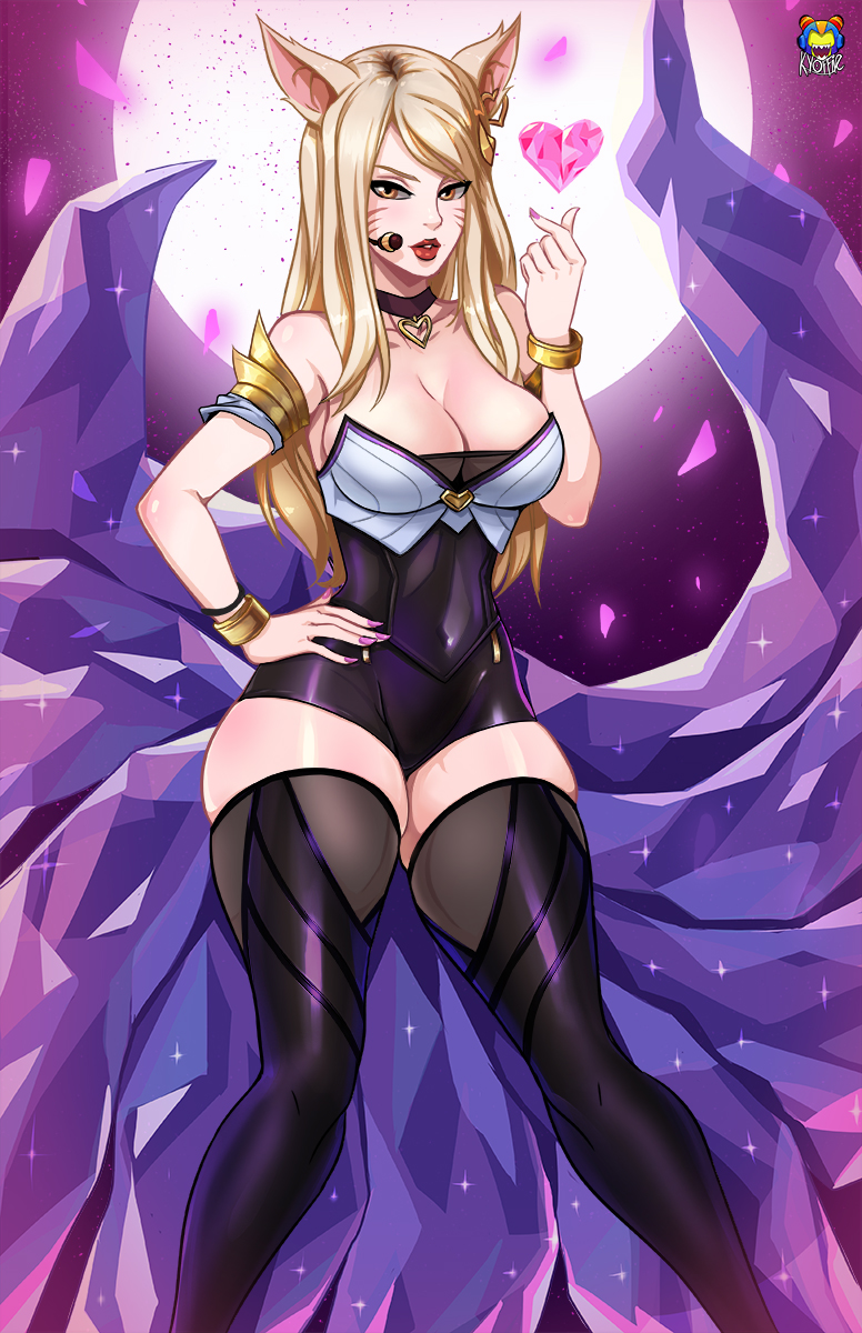 ahri_(lol) animal_humanoid blonde_hair breasts choker cleavage clothed clothing female fox_humanoid hair humanoid kyoffie league_of_legends legwear riot_games solo thigh_highs video_games