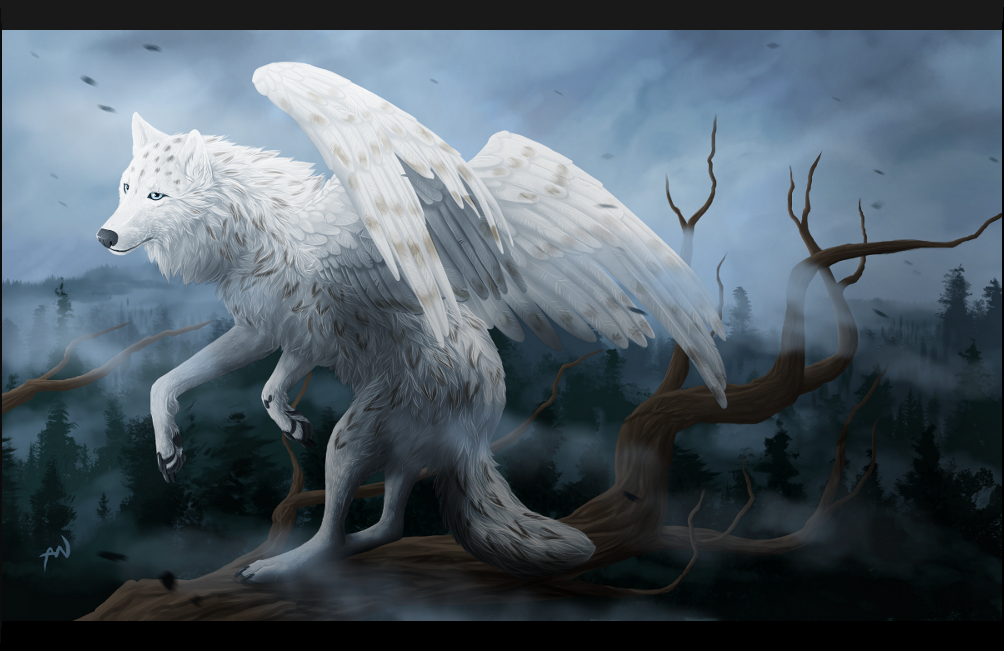 2014 black_bars black_nose blue_eyes canine digital_media_(artwork) feathered_wings feathers feral fur hybrid mammal oneminutesketch paws solo white_feathers white_fur wings wolf