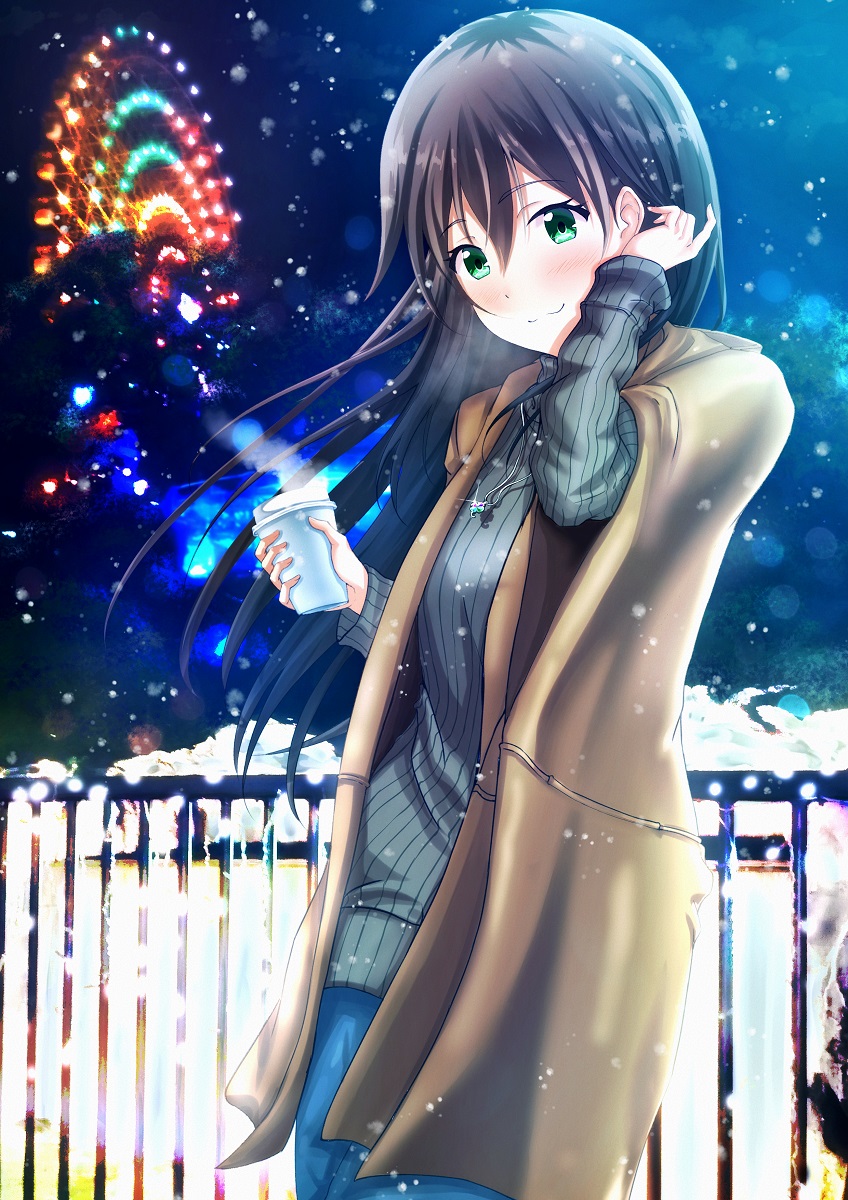 :3 black_hair blue_sky blush brown_coat coat cup ferris_wheel green_eyes hand_up highres holding holding_cup jewelry long_hair necklace night night_sky original outdoors railing ribbed_sweater sky snow solo standing steam sweater tsuyunominaduki