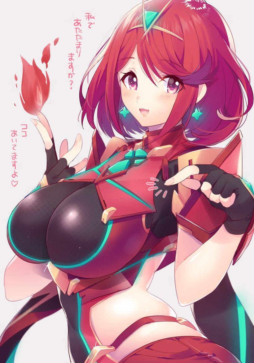 bangs breasts covered_navel earrings fire gloves headpiece himono_xeno homura_(xenoblade_2) jewelry large_breasts red_eyes red_hair short_hair shoulder_armor solo swept_bangs tiara translation_request xenoblade_(series) xenoblade_2