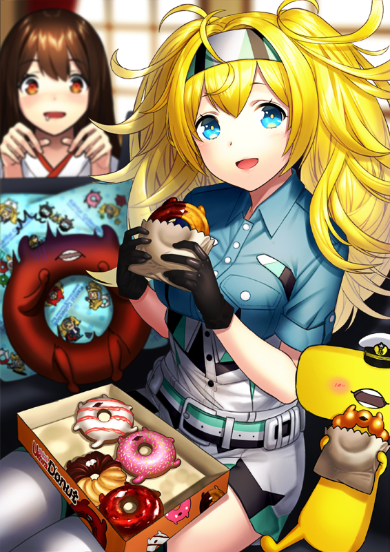 2girls akagi_(kantai_collection) blonde_hair blue_eyes blue_shirt blush breast_pocket breasts brown_eyes brown_hair collared_shirt commentary_request doughnut eating enemy_lifebuoy_(kantai_collection) eyebrows_visible_through_hair food gambier_bay_(kantai_collection) gloves hair_between_eyes hairband hungry japanese_clothes kantai_collection kimono kyon_(fuuran) large_breasts long_hair looking_at_viewer multicolored multicolored_clothes multicolored_gloves multiple_girls open_mouth pillow pocket shirt short_sleeves shorts sitting straight_hair t-head_admiral thighhighs twintails white_legwear window