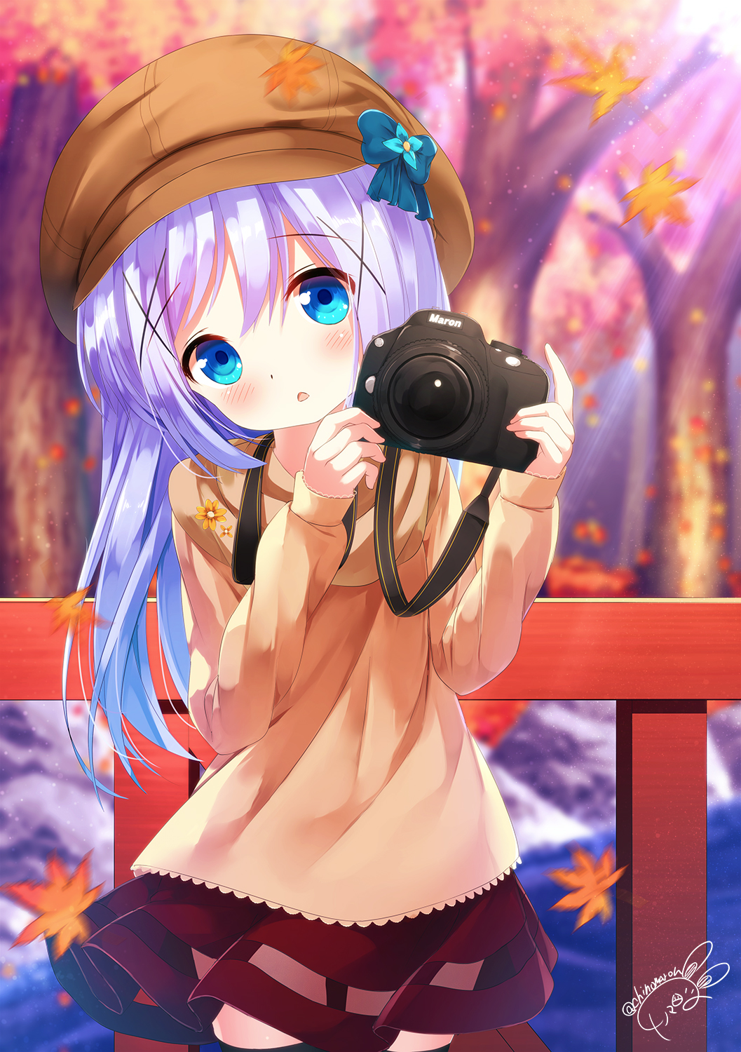 autumn_leaves bangs blue_bow blue_eyes blurry blurry_background blush bow brown_hat brown_skirt cabbie_hat camera chinomaron commentary_request day depth_of_field eyebrows_visible_through_hair flower gochuumon_wa_usagi_desu_ka? hair_between_eyes hair_ornament hands_up hat hat_bow head_tilt highres holding holding_camera kafuu_chino leaf long_hair long_sleeves looking_at_viewer maple_leaf orange_flower outdoors parted_lips purple_hair railing red_skirt signature skirt sleeves_past_wrists solo tree twitter_username very_long_hair x_hair_ornament