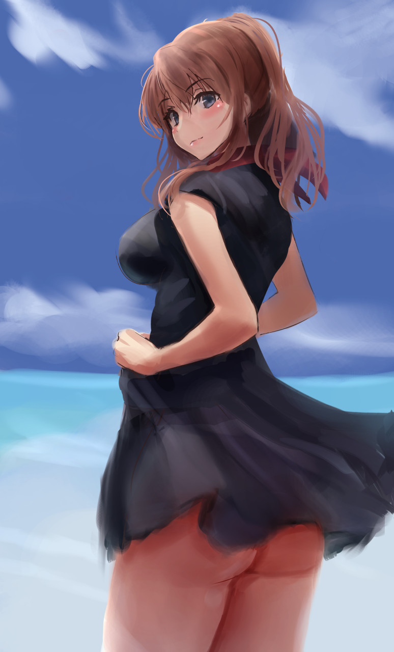 ass black_dress blue_eyes blue_sky blush breasts brown_hair closed_mouth commentary_request day dress hair_between_eyes hair_ornament haruto_(harut_n) highres kantai_collection large_breasts looking_at_viewer no_panties ocean remodel_(kantai_collection) saratoga_(kantai_collection) side_ponytail sidelocks sky solo