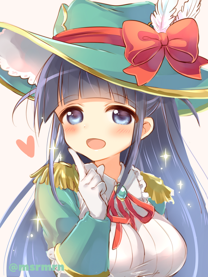 :d black_hair blue_eyes blush bow breasts brown_background collared_shirt commentary_request epaulettes feathers frilled_shirt_collar frills gloves green_hat hand_up hat hat_bow hat_feather heart index_finger_raised large_breasts long_hair looking_at_viewer marshmallow_mille neck_ribbon open_mouth red_bow red_ribbon ribbon shirt shoujo_kageki_revue_starlight simple_background smile solo sparkle tsuyuzaki_mahiru twitter_username two_side_up upper_body very_long_hair white_feathers white_gloves white_shirt witch_hat