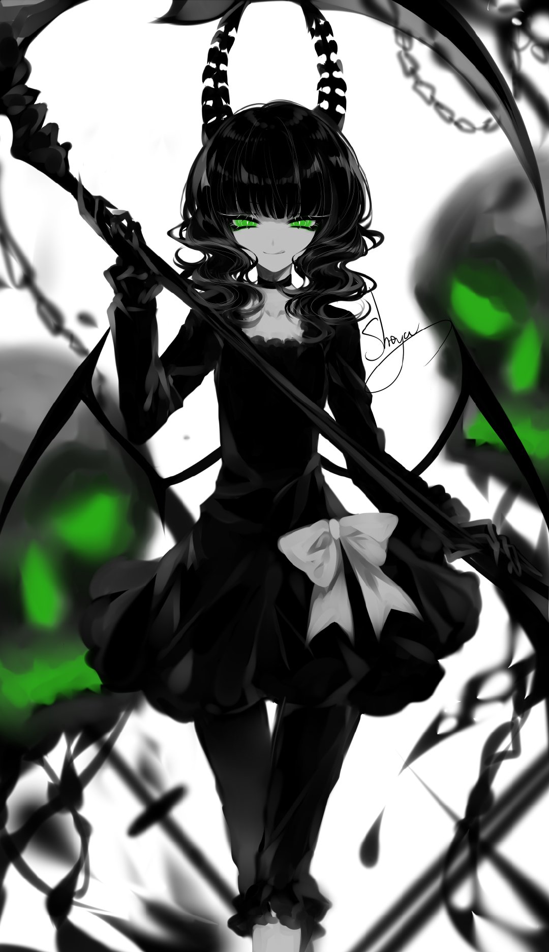 :q artist_name bangs black_dress black_gloves black_hair black_rock_shooter bow chain chinese_commentary choker collarbone commentary_request dead_master demon_wings dress eyelashes feet_out_of_frame gloves green_eyes hand_up highres holding holding_scythe holding_weapon horns limited_palette long_hair long_sleeves looking_at_viewer pants scythe sheya short_dress signature simple_background skull smile solo spot_color standing tongue tongue_out wavy_hair weapon white_background wings