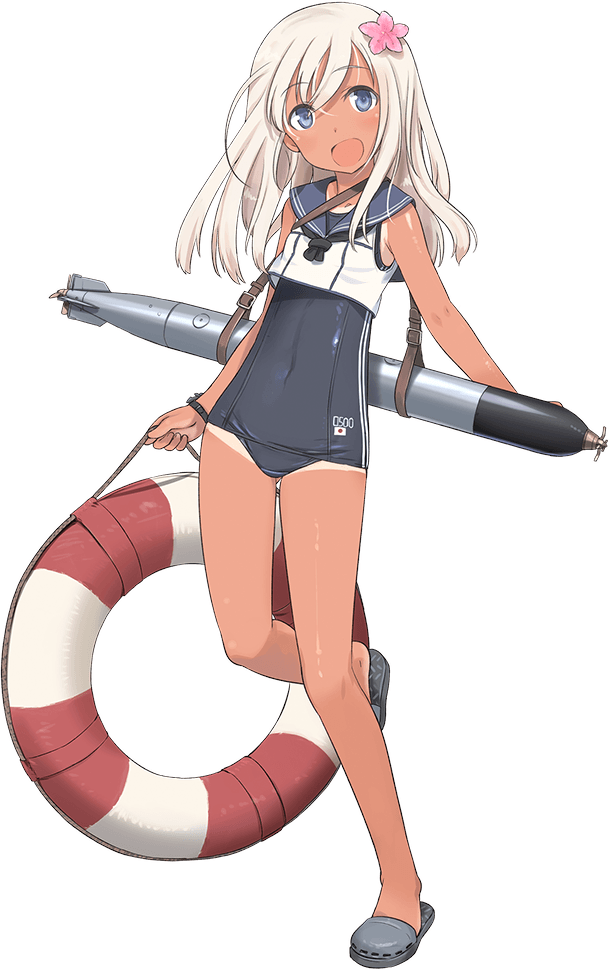 :d bangs bare_legs bare_shoulders black_neckwear blue_eyes blue_sailor_collar blue_swimsuit blush bracelet breasts buckle character_name clothes_writing crop_top double_vertical_stripe flower full_body hair_flower hair_ornament head_tilt holding japanese_flag jewelry kantai_collection leg_lift legs lifebuoy long_hair looking_at_viewer neckerchief official_art old_school_swimsuit one-piece_swimsuit one-piece_tan open_mouth pink_flower ro-500_(kantai_collection) sailor_collar sandals school_swimsuit shimada_fumikane shirt sleeveless sleeveless_shirt small_breasts smile solo standing standing_on_one_leg strap swimsuit swimsuit_under_clothes tan tanline torpedo transparent_background white_hair white_shirt