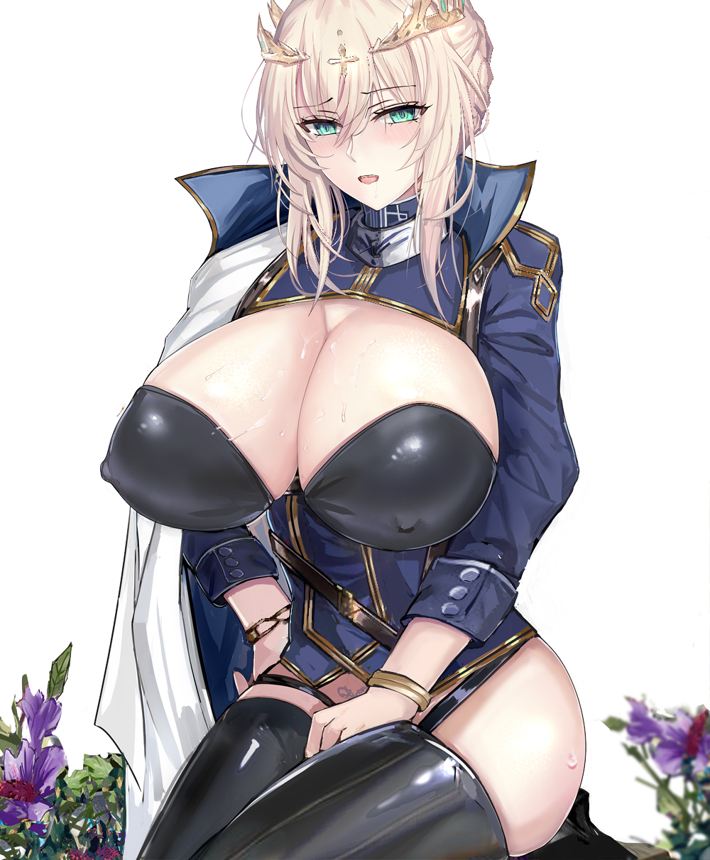 ahoge aqua_eyes artoria_pendragon_(all) artoria_pendragon_(lancer) bangs black_footwear blue_jacket blush boots bracelet braid breasts breasts_outside cape cleavage cleavage_cutout collar commentary_request covered_nipples crown fate/grand_order fate_(series) flower french_braid hair_between_eyes highres hips huge_breasts jacket jewelry long_hair long_sleeves looking_at_viewer metal_collar military military_uniform misako12003 open_mouth seiza sidelocks simple_background sitting solo thigh_boots thighhighs uniform white_background