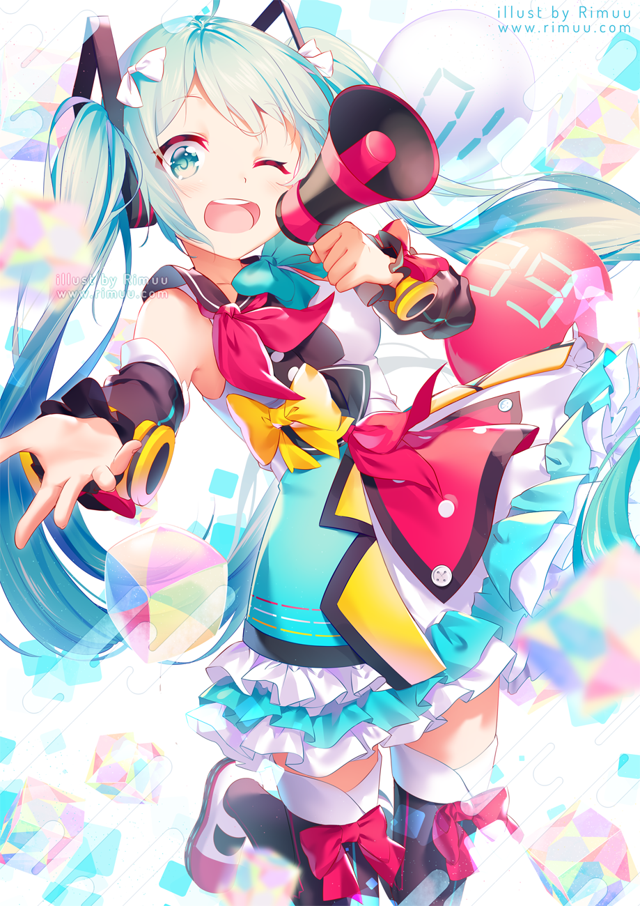 ;d artist_name balloon black_legwear blue_skirt blush bow breasts collarbone commentary_request detached_sleeves green_bow green_eyes green_hair hatsune_miku highres holding long_hair long_sleeves looking_at_viewer magical_mirai_(vocaloid) megaphone one_eye_closed open_mouth outstretched_arm red_bow rimuu round_teeth shirt shoes skirt sleeveless sleeveless_shirt small_breasts smile solo teeth thighhighs twintails upper_teeth very_long_hair vocaloid watermark web_address white_footwear yellow_bow