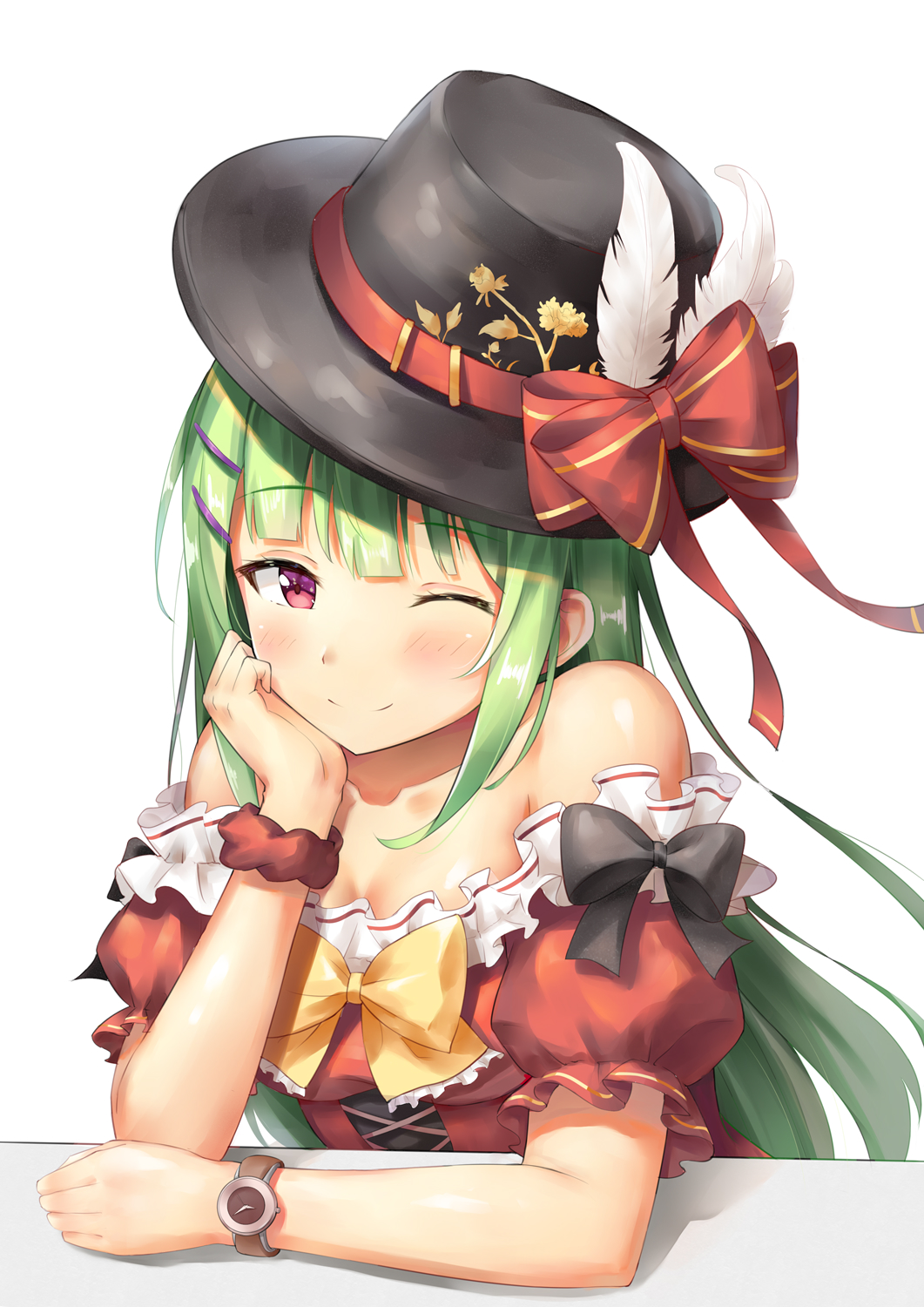 bangs bare_shoulders black_hat blush bow bowtie breasts chin_rest closed_mouth cross-laced_clothes dress eyebrows_visible_through_hair feathers frilled_dress frills green_hair hair_ornament hairclip hat highres long_hair looking_at_viewer medium_breasts off_shoulder one_eye_closed original puffy_short_sleeves puffy_sleeves red_bow red_dress red_eyes scrunchie short_sleeves sidelocks simple_background smile solo top_hat upper_body watch white_background wrist_scrunchie wristwatch yang423 yellow_neckwear