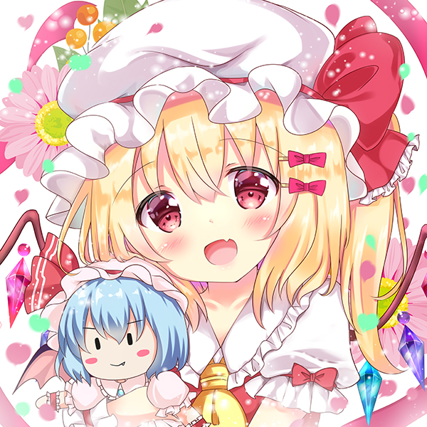 :d ascot bangs beret blonde_hair blush bow character_doll collared_shirt commentary_request crystal eyebrows_visible_through_hair fang flandre_scarlet frilled_shirt_collar frills hair_between_eyes hair_bow hair_ornament hairclip hat hat_bow head_tilt long_hair looking_at_viewer object_hug one_side_up open_mouth puffy_short_sleeves puffy_sleeves red_bow red_eyes red_vest remilia_scarlet rikatan shirt short_sleeves smile solo touhou vest white_hat wings wrist_cuffs yellow_neckwear