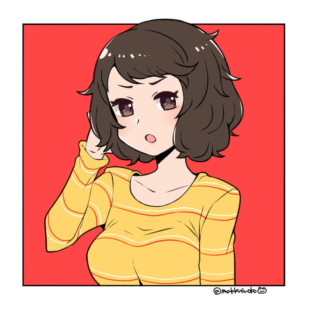 black_hair blush brown_eyes brown_hair commentary_request do_m_kaeru kawakami_sadayo looking_at_viewer open_mouth persona persona_5 shirt short_hair simple_background solo striped striped_shirt