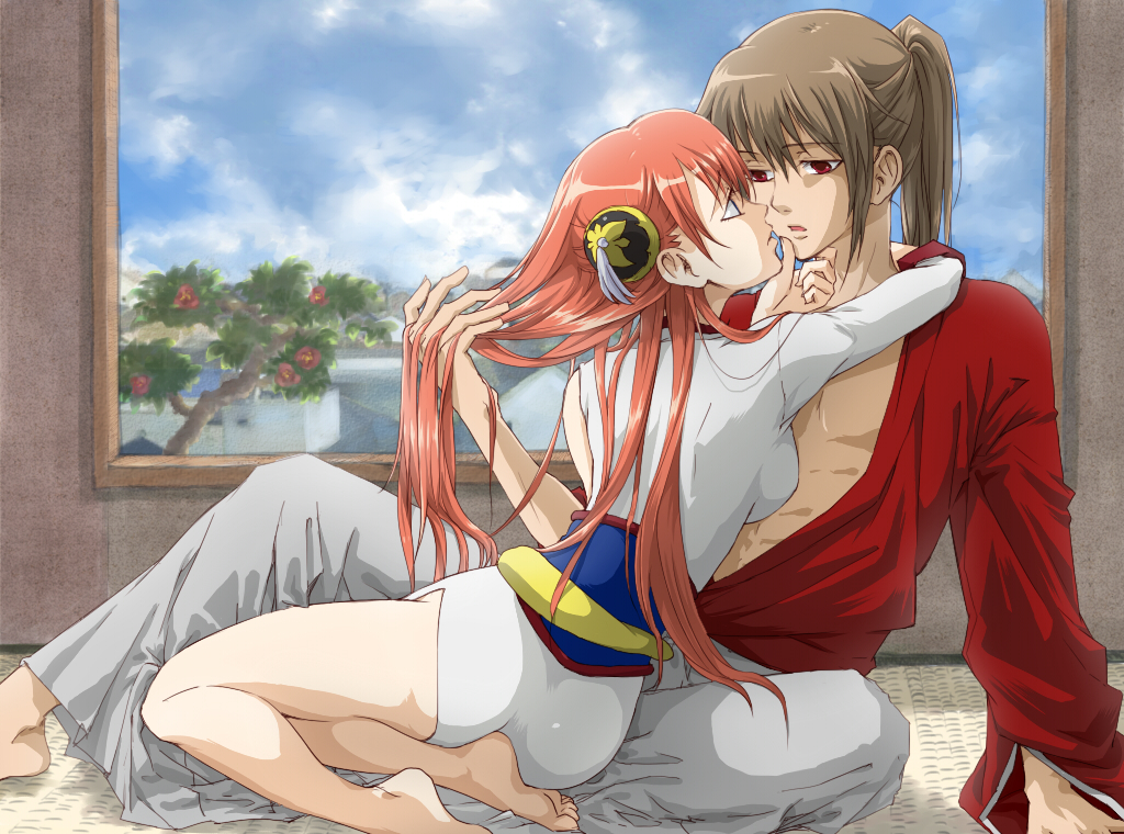 1girl arm_support breast_press breasts brown_hair china_dress chinese_clothes cloud cloudy_sky couple day dress eye_contact gintama grey_hakama hair_bun hakama holding_another's_hair indoors japanese_clothes kagura_(gintama) kimono long_hair looking_at_another medium_breasts nammy okita_sougo open_clothes open_kimono open_mouth orange_hair ponytail red_eyes red_kimono shiny shiny_hair side_slit sky very_long_hair white_dress window