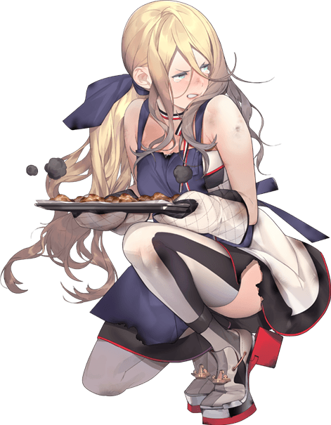 akira_(kadokawa) alternate_costume alternate_hairstyle apron bangs blonde_hair blue_eyes blush breasts burnt_clothes burnt_food cream_puff dress food hair_between_eyes hair_ribbon kantai_collection kneeling long_hair looking_at_another mole mole_under_eye mole_under_mouth multicolored multicolored_clothes official_art oven_mitts ribbon richelieu_(kantai_collection) scarf sidelocks smile solo thighs torn_clothes transparent_background