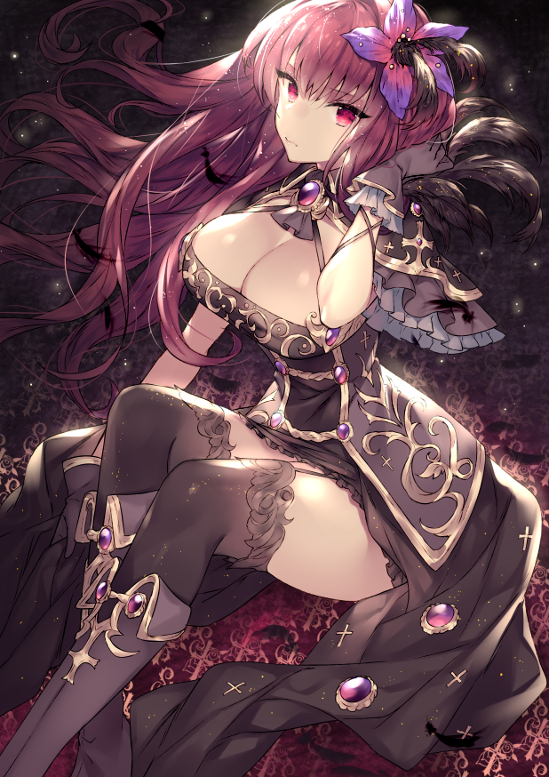 bangs boots breasts brown_dress brown_footwear brown_gloves brown_legwear cleavage closed_mouth commentary dress english_commentary eyebrows_visible_through_hair fate/grand_order fate_(series) feather_trim flower gloves hair_between_eyes hair_flower hair_ornament hand_up knee_boots large_breasts long_hair looking_at_viewer purple_flower purple_hair red_eyes scathach_(fate)_(all) scathach_(fate/grand_order) sitting solo thighhighs thighhighs_under_boots touwa_nikuman very_long_hair