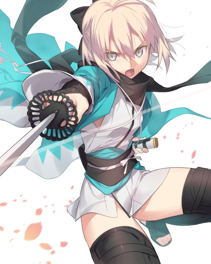 black_bow black_legwear black_scarf bow fate_(series) grey_eyes hair_bow haori hinotta holding holding_sheath holding_sword holding_weapon japanese_clothes katana kimono koha-ace leg_up looking_at_viewer obi okita_souji_(fate) okita_souji_(fate)_(all) open_mouth sash scarf sheath short_hair short_kimono silver_hair simple_background sleeveless sleeveless_kimono solo sword thighhighs weapon white_background white_kimono