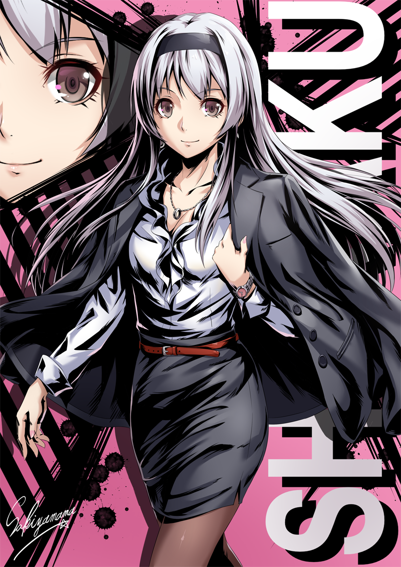 alternate_costume bangs belt black_headband black_jacket black_skirt breasts character_name cleavage collarbone commentary_request earrings eyebrows_visible_through_hair headband jacket jacket_on_shoulders jewelry kantai_collection long_hair long_sleeves looking_at_viewer medium_breasts nail_polish necklace office_lady open_clothes open_jacket pantyhose pencil_skirt pink_background pink_nails purple_eyes red_belt ring sakiyamama shirt shoukaku_(kantai_collection) sidelocks silver_hair skirt sleeve_cuffs smile solo very_long_hair watch wedding_band white_shirt wristwatch