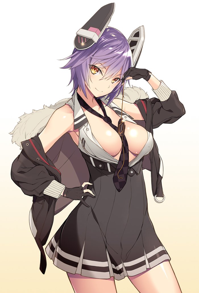armpits bangs black_gloves blush breasts checkered checkered_neckwear cleavage closed_mouth collarbone commentary_request covered_nipples dress eyebrows_visible_through_hair eyepatch eyepatch_removed gloves hair_between_eyes hand_on_hip headgear holding jacket kantai_collection kikuchi_seiji long_sleeves looking_at_viewer medium_breasts necktie no_bra open_clothes open_jacket partly_fingerless_gloves purple_hair school_uniform short_hair simple_background smile solo standing tenryuu_(kantai_collection) yellow_eyes