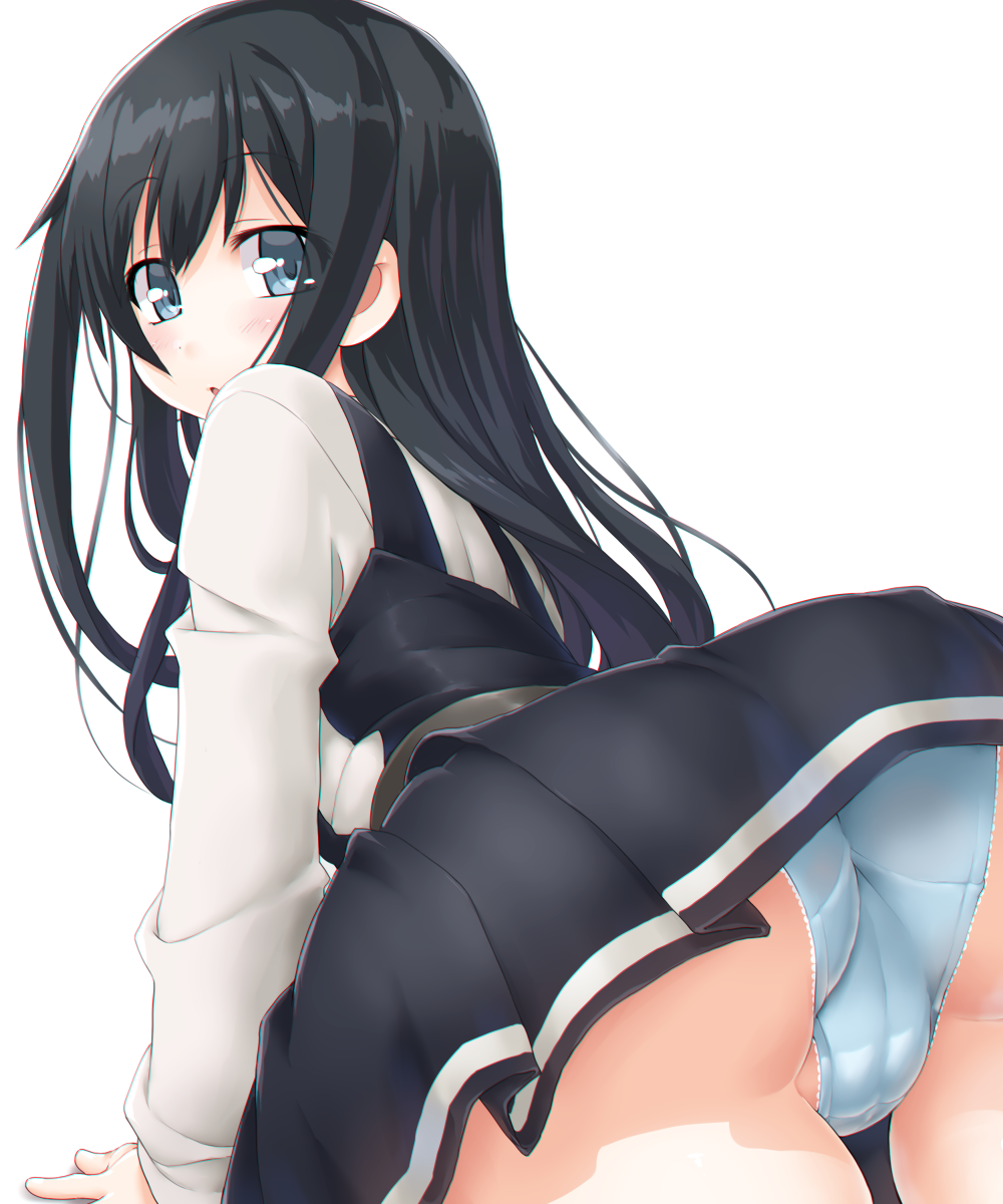 arm_support asashio_(kantai_collection) ass bangs black_hair blue_eyes blue_panties blush cameltoe dd_(ijigendd) dress eyebrows_visible_through_hair hair_between_eyes highres impossible_clothes impossible_underwear kantai_collection long_hair long_sleeves looking_at_viewer looking_back open_mouth panties pinafore_dress remodel_(kantai_collection) school_uniform shirt simple_background solo underwear white_background white_shirt